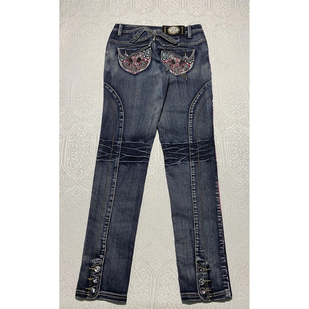 Dereon House of Beyonce Jeans Juniors 7/8 Blue Straight Embroidered Y2K Stretch
